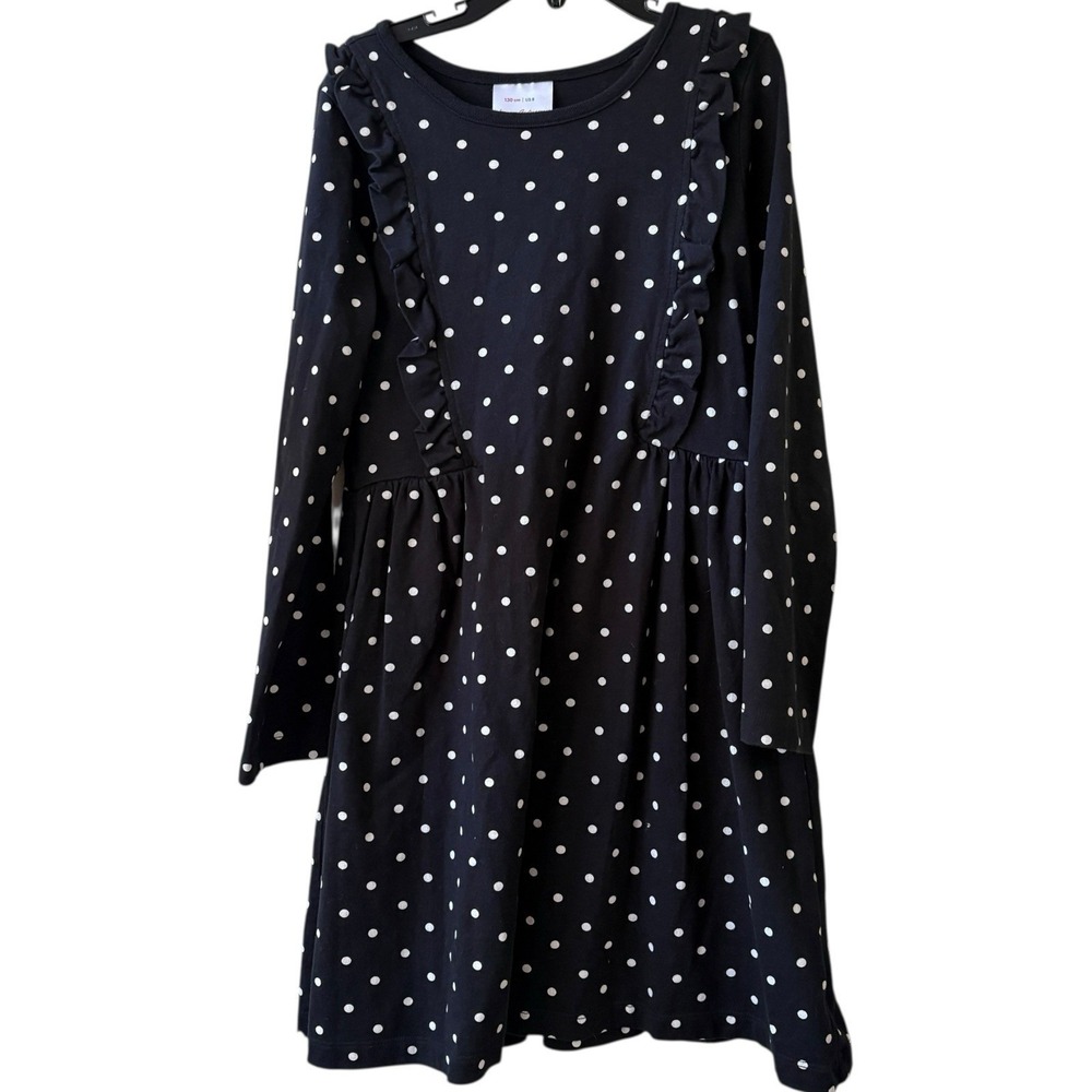 Hanna Andersson Girls 8 Dress Black Polka Dot Ruffle‎ Long Sleeve Cotton Preppy